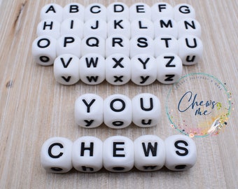 Large 16MM White Alphabet Letter silicone bead | Mix & Match | You Choose | Variety Lot | Mixed Letters | Cube | Dice | Square | Sensory