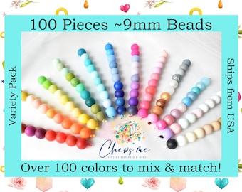 BULK 9mm round silicone beads | 50- or 100-Piece Variety Pack | mixed lot | Sensory | Stim | Fidget | Pacifier | Lanyard | Keychain Bead
