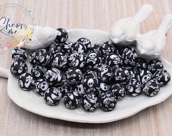 12mm Skull & Bones Print Round Silicone Bead | Sensory | STIM | Fidget | scribe | Wristlet | Lanyard | Keychain | Pacifier
