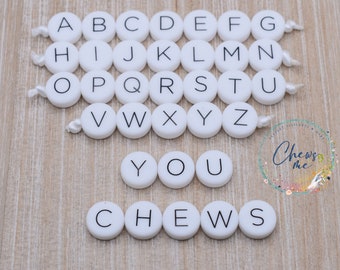 Flat Circle White Alphabet Letter silicone bead | 12mm | Mix & Match | You Choose | Variety Lot | Mixed Letters | Sensory