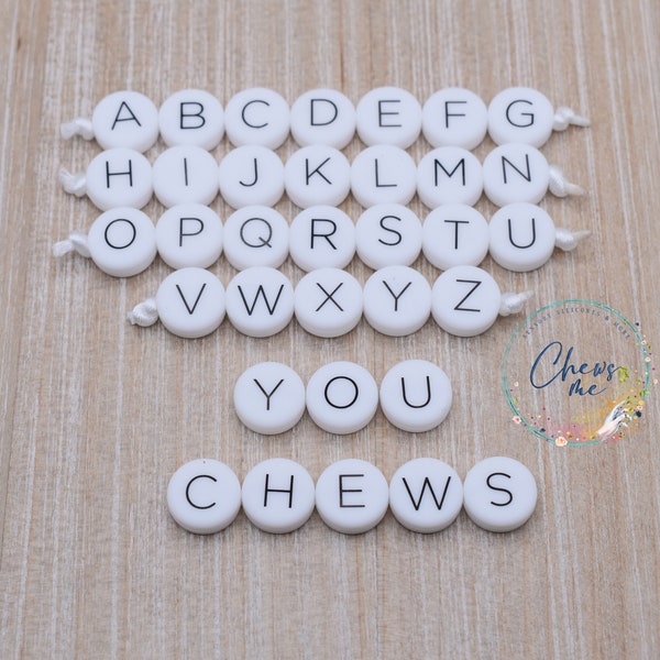 Flat Circle White Alphabet Letter silicone bead | 12mm | Mix & Match | You Choose | Variety Lot | Mixed Letters | Sensory