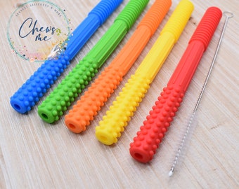 Chewable Drinking Straw Silicone with Cleaning Brush | Thick Bite Straw | Long Silicone Rod | Sensory | Stress | Stim | Fidget | Therapeutic