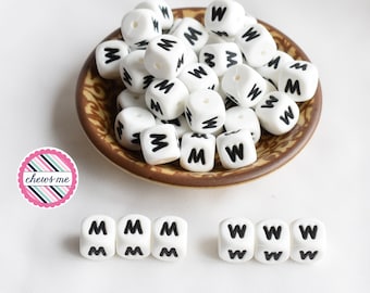 12mm white letter M / W silicone bead | Alphabet | Capital | Cube | Dice | Square | Sensory | Stim Toy | Fidget | Lanyard Bead