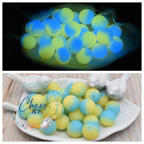 Glow In the Dark Tie Dye Blue Yellow 15mm round silicone bead | Focal | Sensory | STIM | Fidget | scribe | Lanyard | Keychain | Pacifier