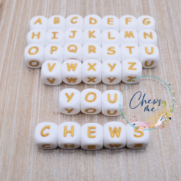 Gold Letter on White Alphabet silicone bead | Mix & Match | You Choose | 12mm | Variety Lot | Mixed Letters | Cube | Dice | Square | Sensory