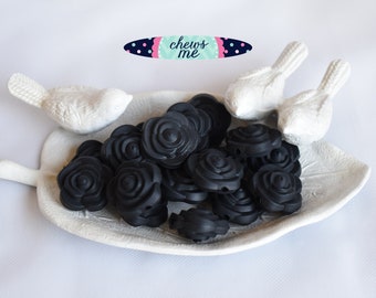 Small rose flower silicone bead | Black | 21mm | Sensory | STIM | Fidget | Cookie Scribe | Lanyard | Keychain | Pacifier | Food Grade Bead