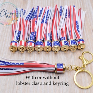 American Flag Leather Tassel | with/without Gold Lobster Clasp and Keyring | Stars Stripes | Faux | Wristlet, Keyrings, Purse Embellishment