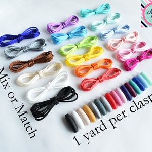 May include: Assortment of 18 colors of 1 yard long cords with matching plastic clasps.  Mix or Match.  1 yard per clasp.