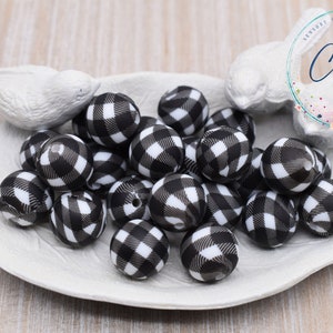 15mm Gingham Black and White Print Round Silicone Bead | Plaid | Check | Sensory | STIM | Fidget | Lanyard | Wristlet | Pen | Focal Bead