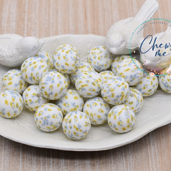 15mm Prairie Flowers Round Silicone Bead | Soft Delicate Flower | Mustard Yellow | Powder Blue | Focal Bead | Sensory | Fidget | Wristlet