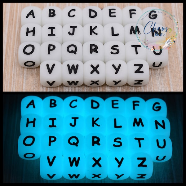 Glow in the Dark Alphabet Letter Silicone Bead | Mix & Match | You Choose | 12mm | Variety Lot | Mixed Letters | Cube | Dice | Square