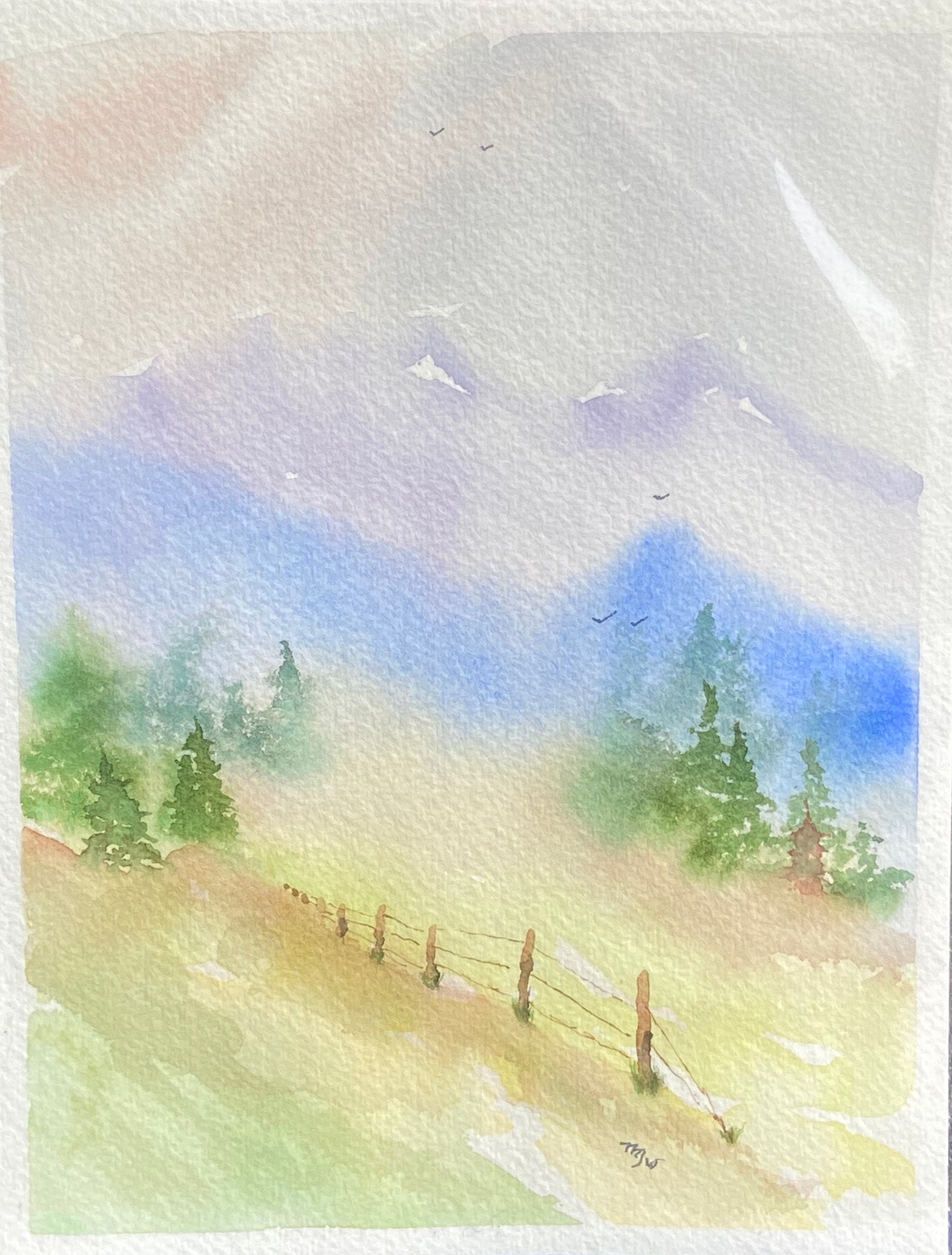 Blue And Purple Sky With Fence Original Watercolor Painting Blue And Purple Sky With Fence Original Watercolor Painting