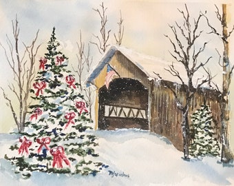 Snowy Bridge and Tree in Winter (Original Watercolor Painting)