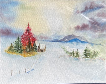 Red Tree and Purple Sky Winter Landscape (Original Watercolor Painting)