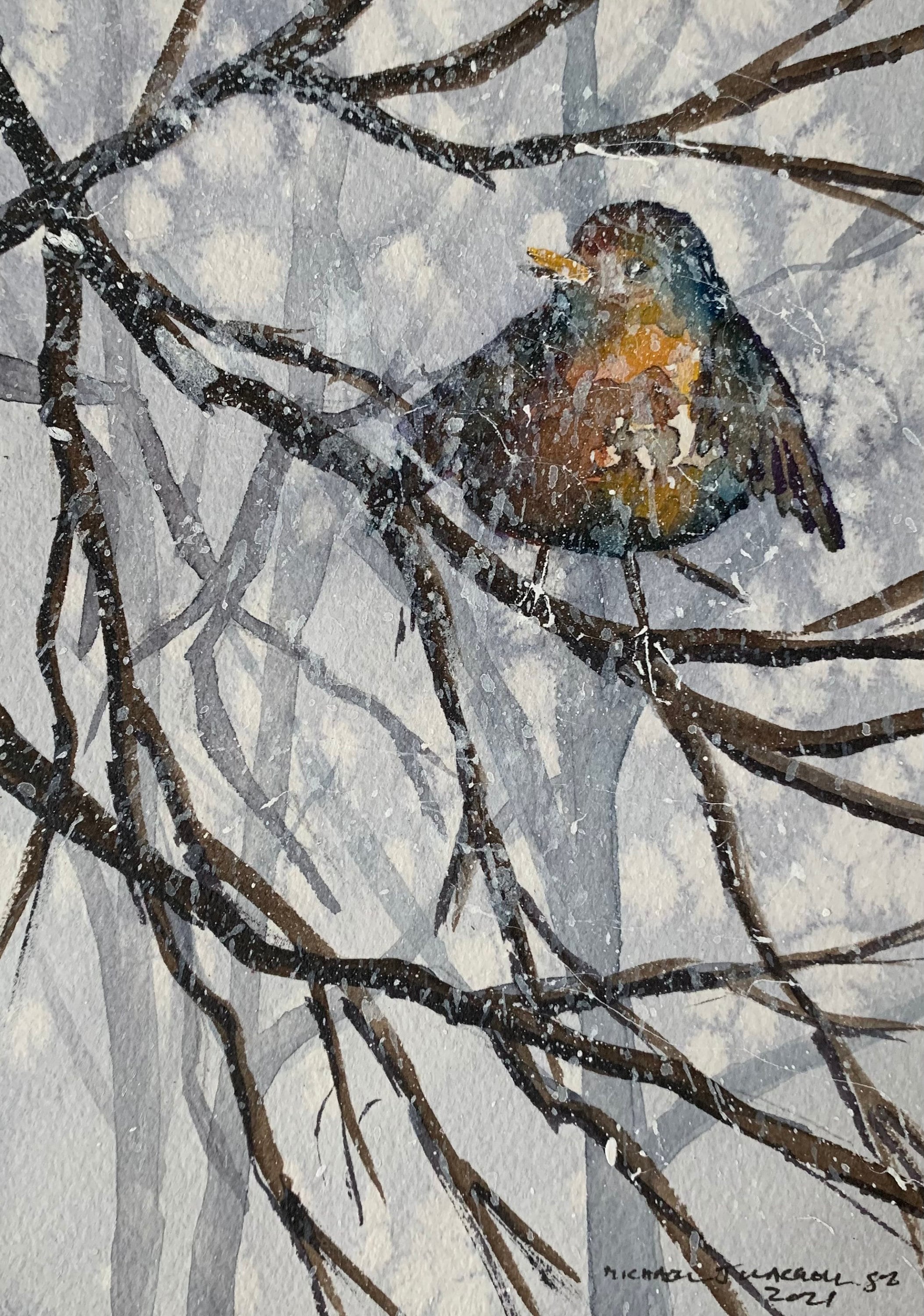 Snowy Bird Sitting on Tree Branch (Original Watercolor Painting)