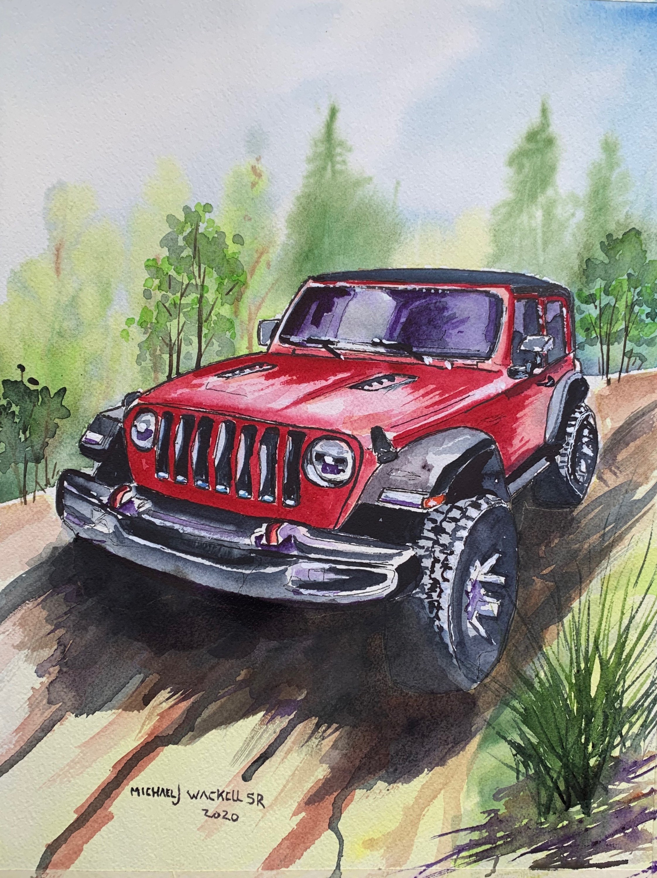 Red Jeep (Original Watercolor Painting)