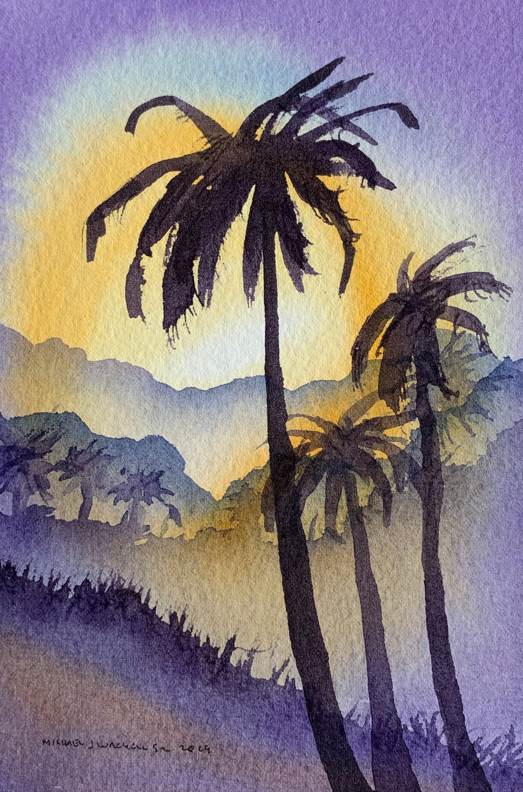 Purple Sunset Palm Trees Original Watercolor Painting Unframed