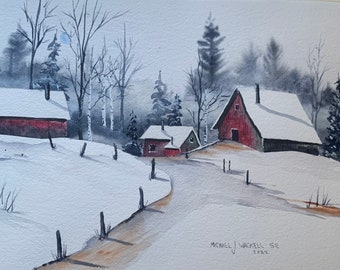 Red Barn on a Snowy Road #125 (Original Watercolor Painting)