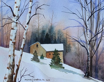 The House on the Snowy Hill #85 (Original Watercolor Painting)