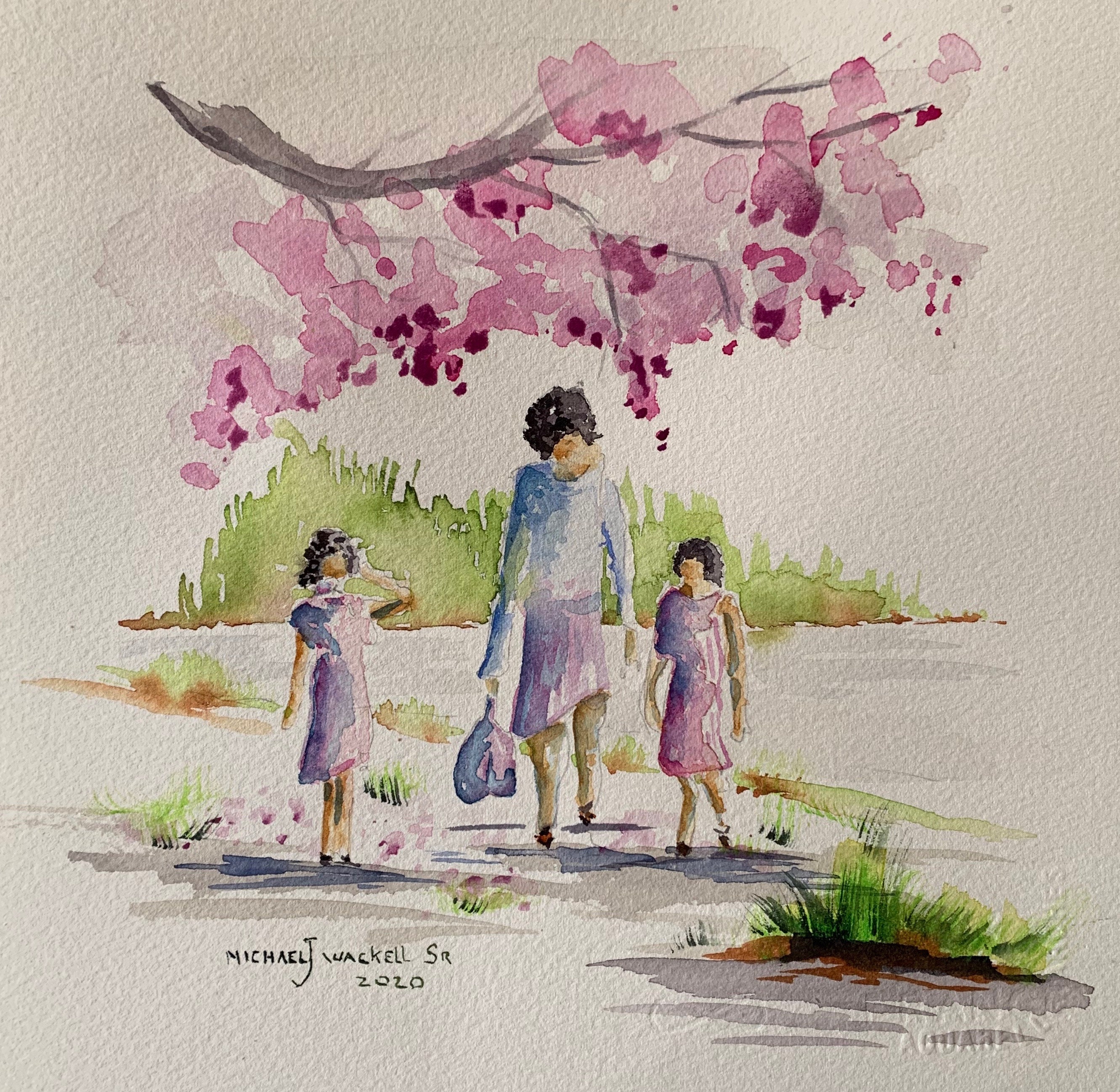 A Mother and Two Daughters Under the Cherry Blossoms, Mother's Day