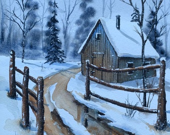 Snowy Winter Landscape #128 (Original Watercolor Painting)