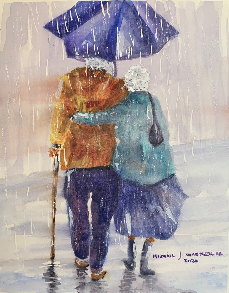 Old Couple Walking in Rain Under Umbrella Limited Prints Etsy