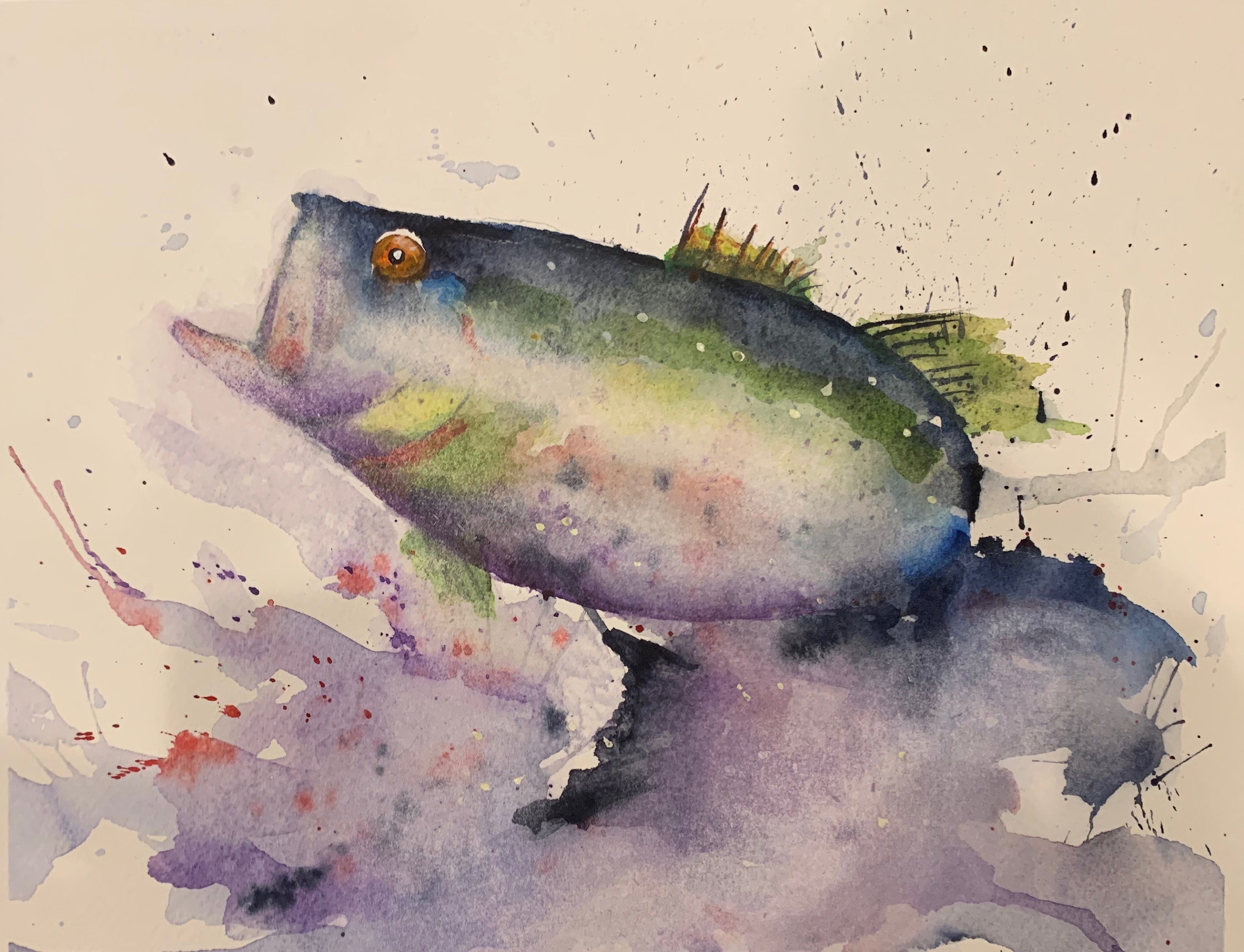 Bass Fish Jumping out of Water (Original Watercolor Painting)