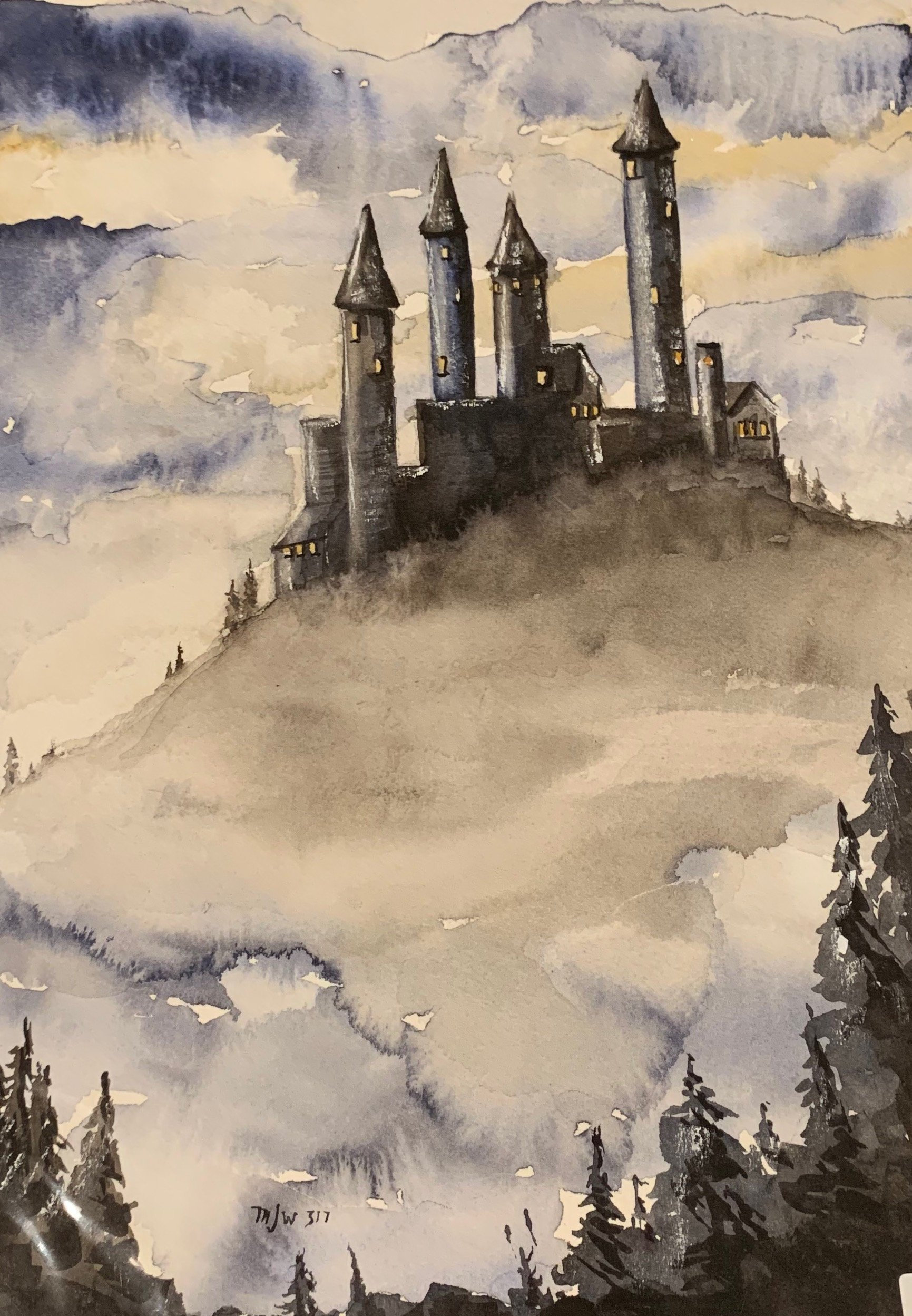 Gothic Castle (Original Watercolor Painting) Fantasy, Sci-Fi