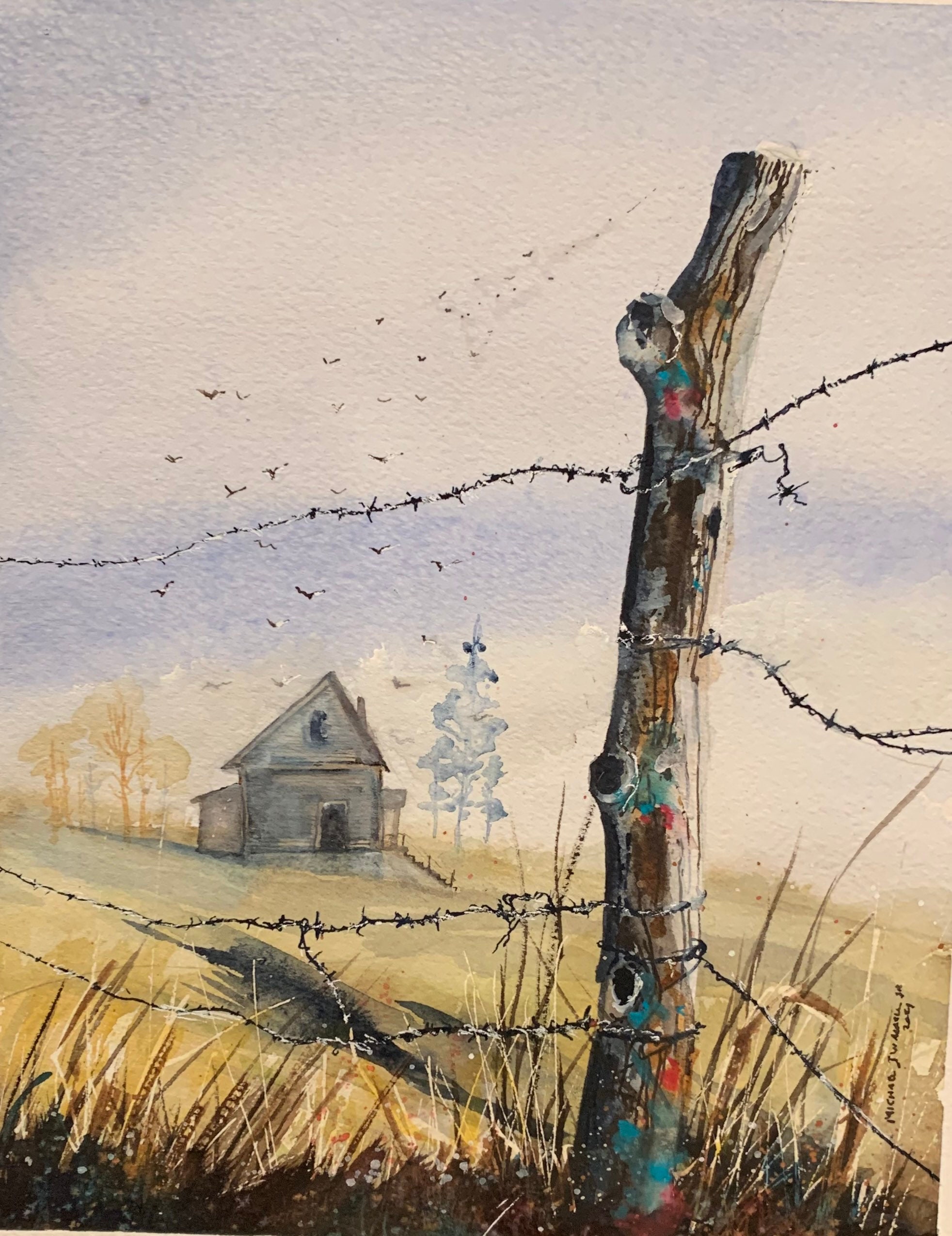 Old Barbed Wire Post (Original Watercolor Painting)