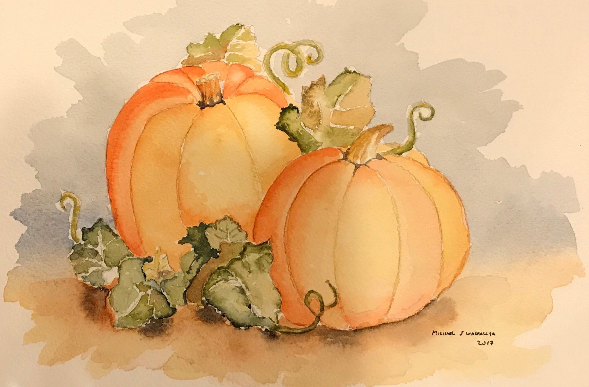 Pumpkin Patch (Original Watercolor Painting) Fall, Matted