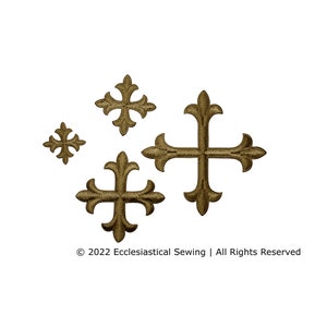 May include: Four gold embroidered crosses with a fleur-de-lis design.  © 2022 Ecclesiastical Sewing | All Rights Reserved