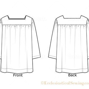 May include: A line drawing of a tunic with a square neckline and long sleeves. The front and back views of the tunic are shown.