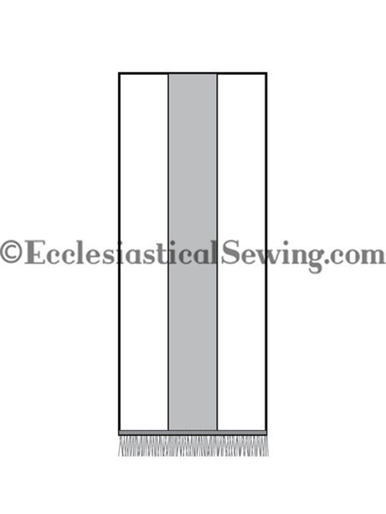 May include: A white stole with a grey centre stripe and fringe at the bottom.