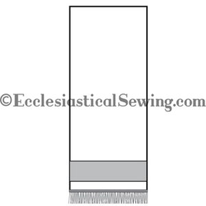 May include: A white liturgical stole with a grey trim and fringe at the bottom. The stole is a long, narrow piece of fabric worn by clergy during religious services.