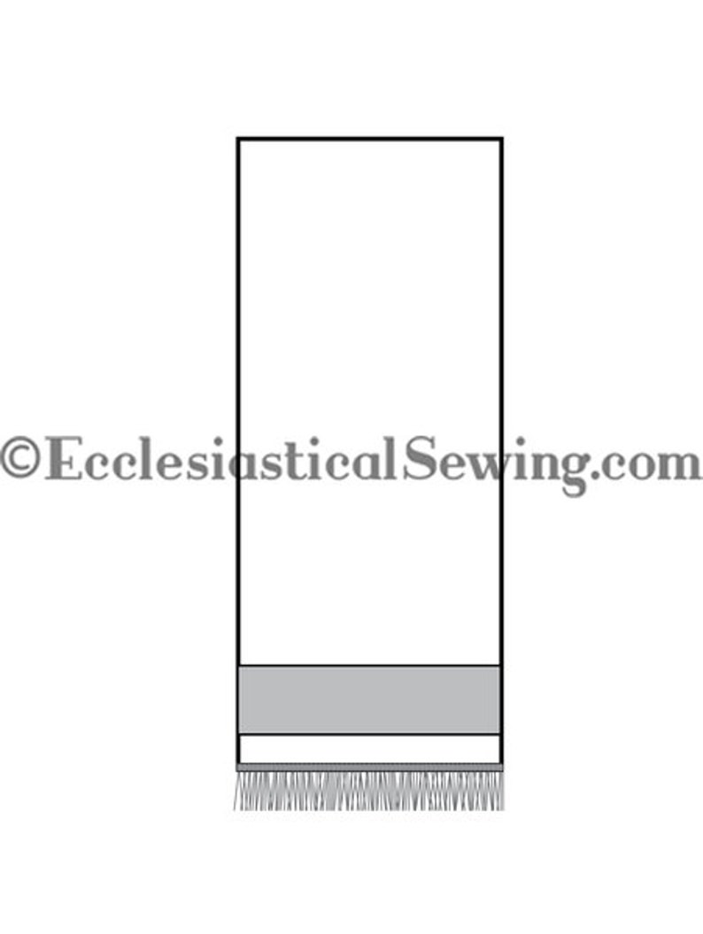 May include: A white liturgical stole with a grey trim and fringe at the bottom. The stole is a long, narrow piece of fabric worn by clergy during religious services.