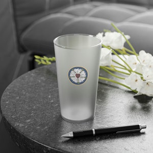 Frosted Pint Glass, 16oz Luther Rose Reformation Gift For Pastor Lutheran Gifts Church Kitchen Youth Group Sunday School