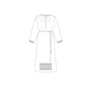 May include: A white long-sleeved dress with a gathered neckline, a tie belt, and a geometric pattern at the hem.