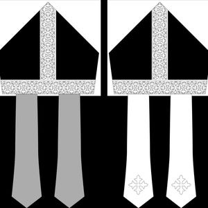 May include: Two black and white mitres with a silver trim and a cross design. The mitres are on a black and white background.