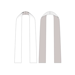 May include: Two long, thin scarves, one white and one gray, are shown hanging from a hook. The scarves are both about 6 feet long and 3 inches wide.