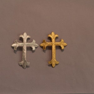 Iron-On Latin Cross Applique,  Metallic Silver, Metallic Gold, Easy to Use 3&quot; x 4&quot;