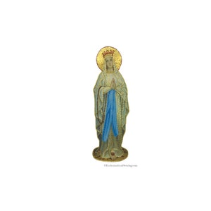 May include: A gold-trimmed image of the Virgin Mary, wearing a blue robe and a crown, with her hands clasped in prayer. The image is on a white background.
