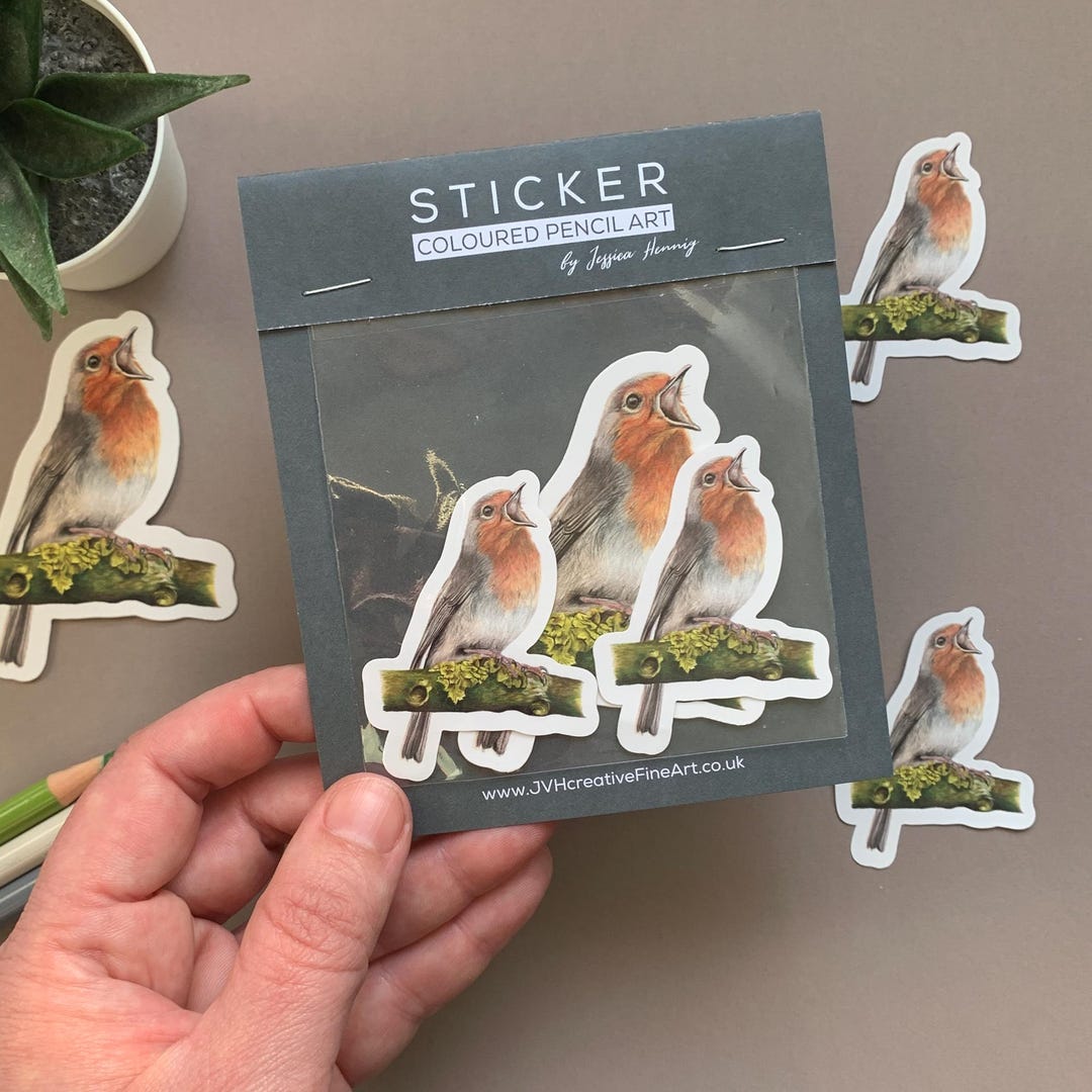 Robin Bird Sticker Pack – Coloured Pencil Art, Waterproof Vinyl Die-cut ...