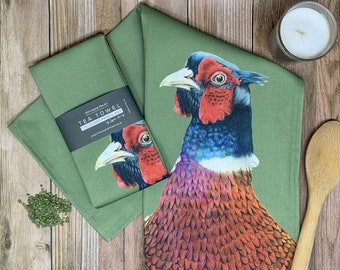 Pheasant, Cotton Tea Towel on green background – Wildlife, Bird collection