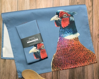 Pheasant Tea Towel: Blue Cotton Drill, Game Bird Kitchen Decor