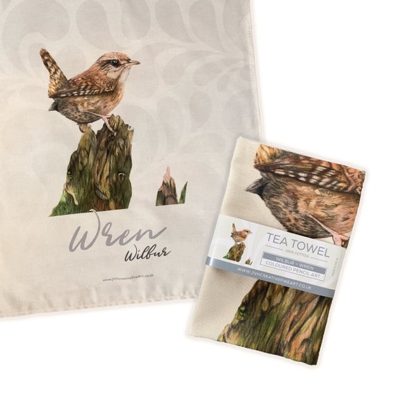 Wren Bird Feather Kitchen Tea Towel Custom Embroidery 