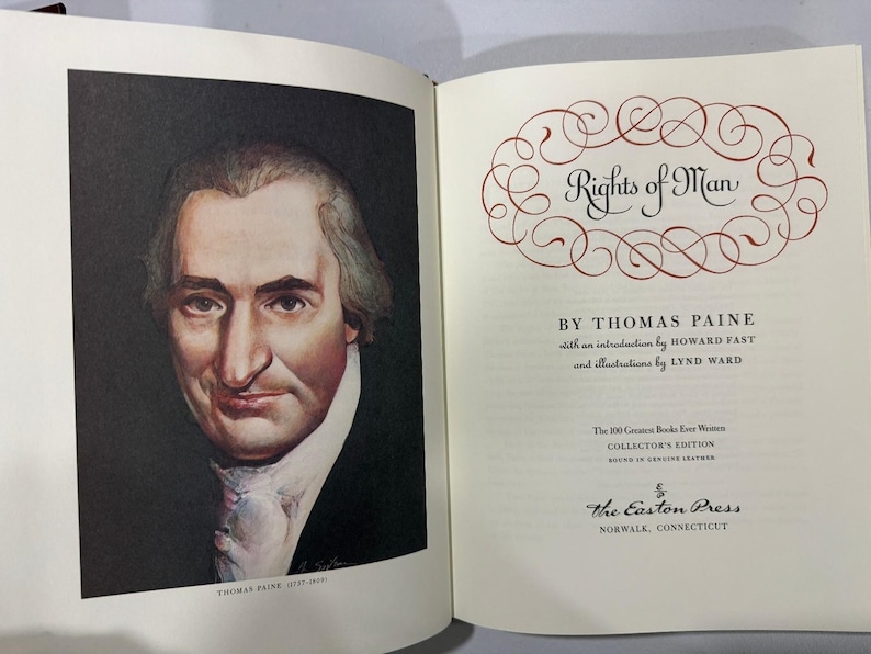Puede incluir: Libro abierto con un retrato de Thomas Paine a la izquierda y el t&iacute;tulo "Rights of Man" a la derecha. Es una edici&oacute;n de coleccionista de The Easton Press, encuadernada en cuero genuino.