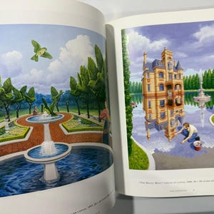 May include: A book spread with two surrealist paintings. One shows a garden with bird-shaped topiary and a fountain. The other depicts a building reflected in water, with a person painting the reflection.