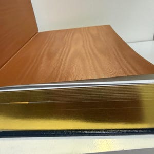 Puede incluir: Un libro abierto con bordes dorados y una cubierta azul oscuro. Las p&aacute;ginas son blancas y la cubierta interior es de color marr&oacute;n c&aacute;lido con un patr&oacute;n de vetas de madera. El libro est&aacute; sobre una superficie blanca.