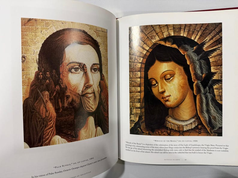 May include: A book spread displaying religious artwork. The left page shows a portrait with figures in the background. The right page depicts a woman with birds. Both images have a warm colour palette and are oil paintings.