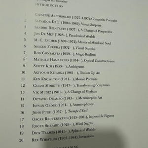 May include: A book contents page with a list of artists and their works, including Salvador Dal&iacute; and M.C. Escher. The text is in black on a cream background. The title "CONTENTS" is at the top.